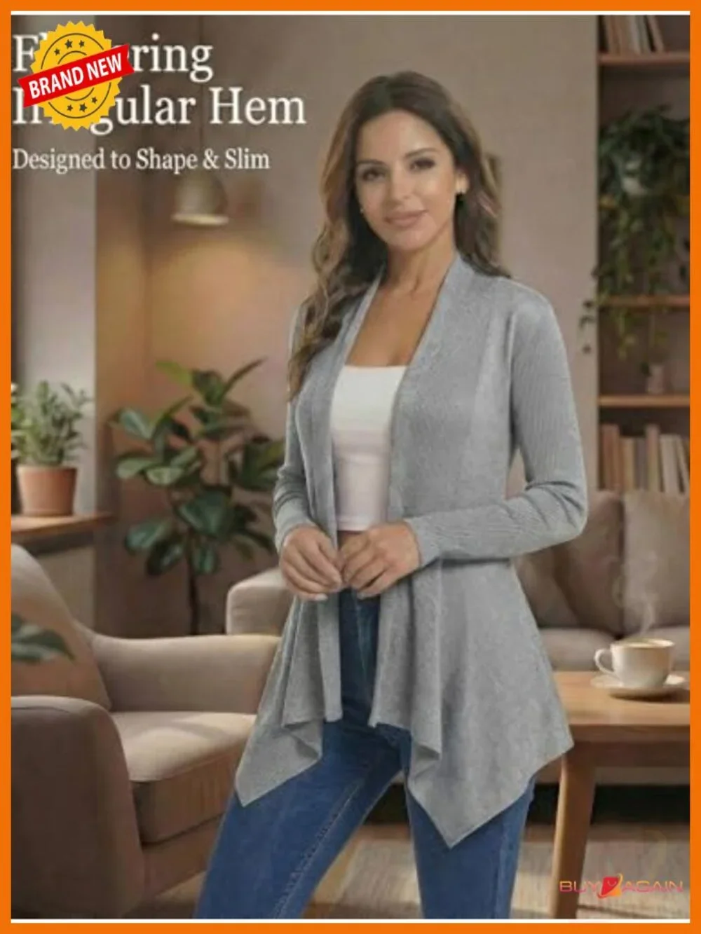 Women's Ribbed Knit Open Front Draped Cardigan Long Sleeve Asymmetrical Hem